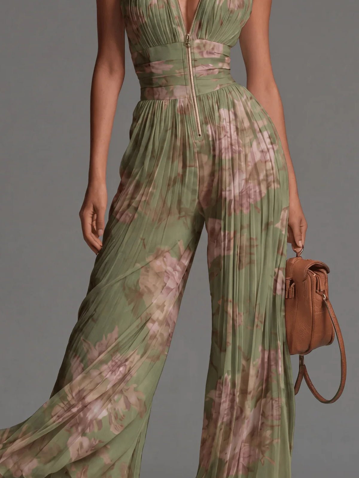 AUGUSTINE Jumpsuit | Grüner plissierter Chiffon-Overall
